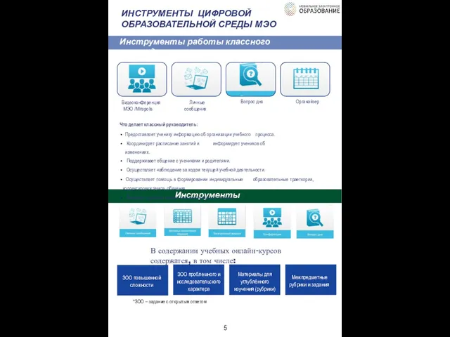 ИНСТРУМЕНТЫ ЦИФРОВОЙ ОБРАЗОВАТЕЛЬНОЙ СРЕДЫ МЭО Инструменты учителя В содержании учебных онлайн-курсов