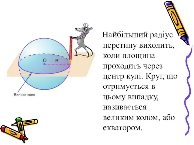 Найбільший радіус перетину виходить, коли площина проходить через центр кулі. Круг,