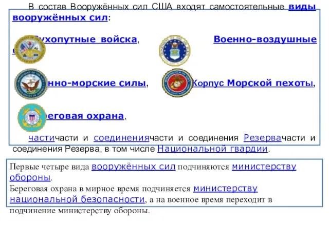 В состав Вооружённых сил США входят самостоятельные виды вооружённых сил: Сухопутные