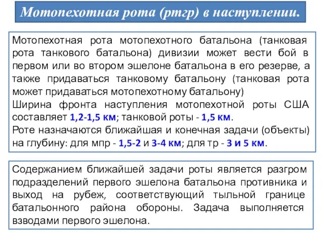 Мотопехотная рота (ртгр) в наступлении. Мотопехотная рота мотопехотного батальона (танковая рота