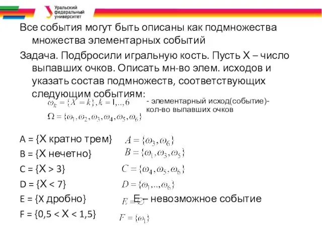 Все события могут быть описаны как подмножества множества элементарных событий Задача.