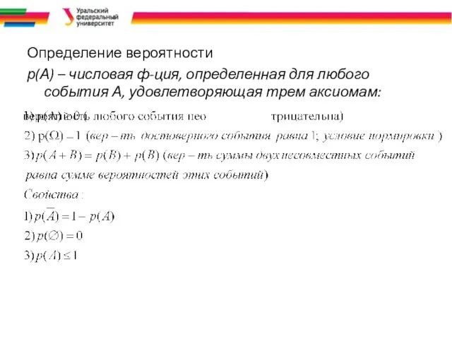 Определение вероятности р(А) – числовая ф-ция, определенная для любого события А, удовлетворяющая трем аксиомам: