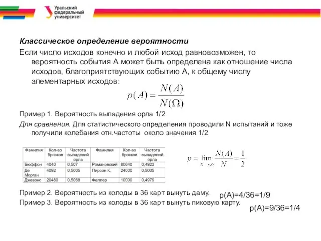 Классическое определение вероятности Если число исходов конечно и любой исход равновозможен,