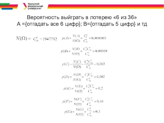 Вероятность выйграть в лотерею «6 из 36» А ={отгадать все 6