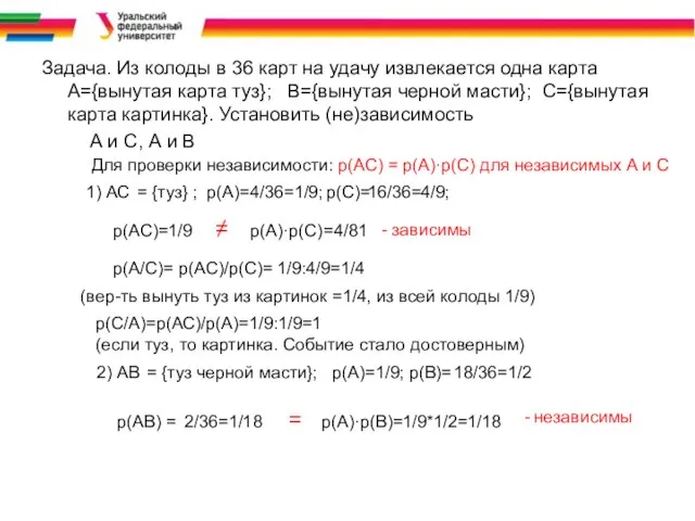 Задача. Из колоды в 36 карт на удачу извлекается одна карта