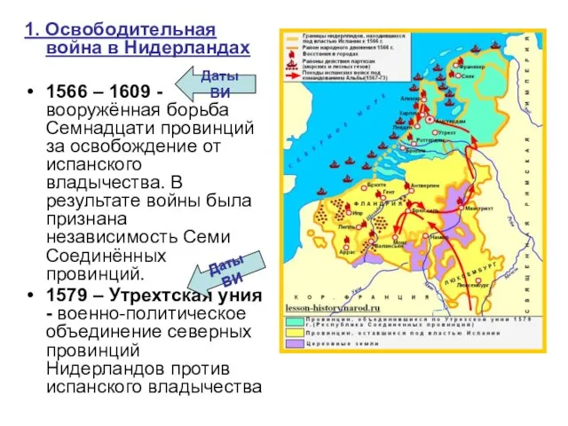 1. Освободительная война в Нидерландах 1566 – 1609 - вооружённая борьба