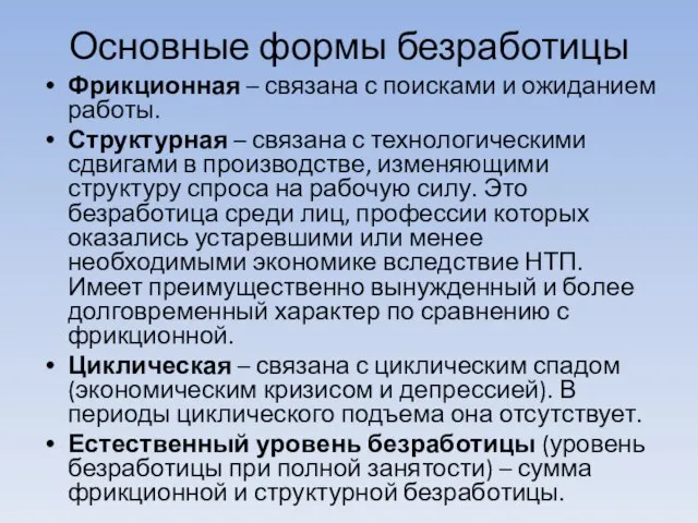 Основные формы безработицы Фрикционная – связана с поисками и ожиданием работы.