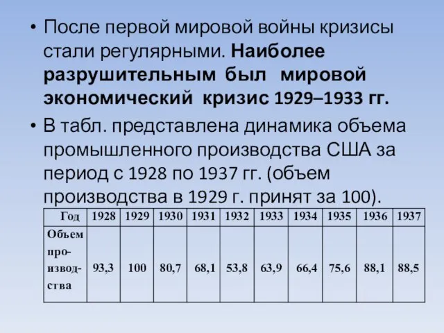 После первой мировой войны кризисы стали регулярными. Наиболее разрушительным был мировой