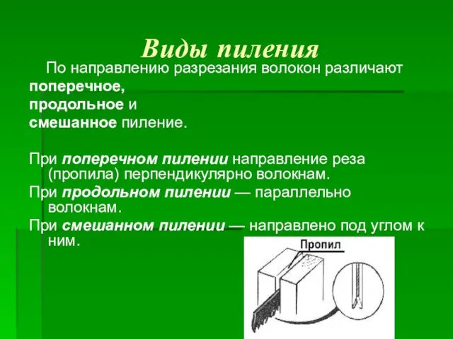 Виды пиления По направлению разрезания волокон различают поперечное, продольное и смешанное