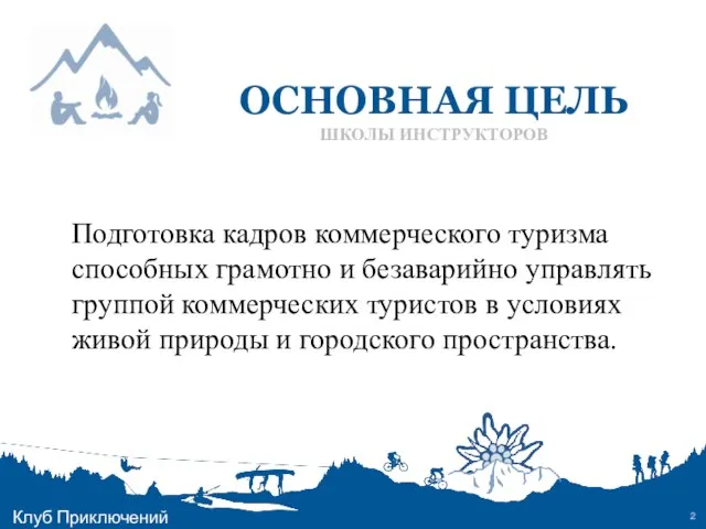 ОСНОВНАЯ ЦЕЛЬ ШКОЛЫ ИНСТРУКТОРОВ Клуб Приключений Подготовка кадров коммерческого туризма способных