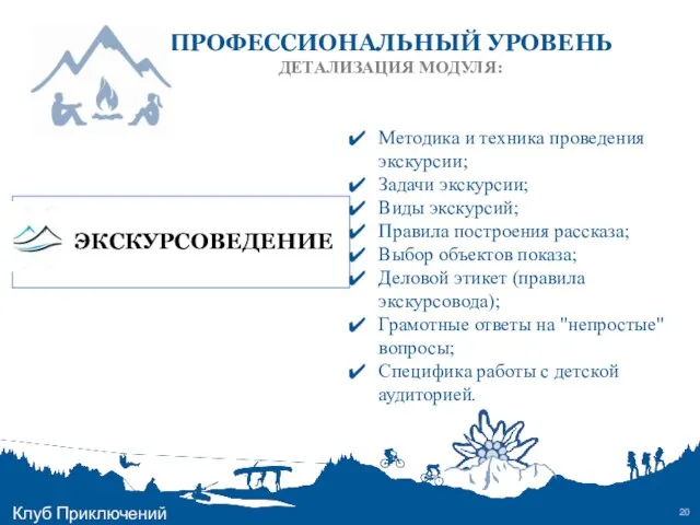 ПРОФЕССИОНАЛЬНЫЙ УРОВЕНЬ ДЕТАЛИЗАЦИЯ МОДУЛЯ: Клуб Приключений Методика и техника проведения экскурсии;