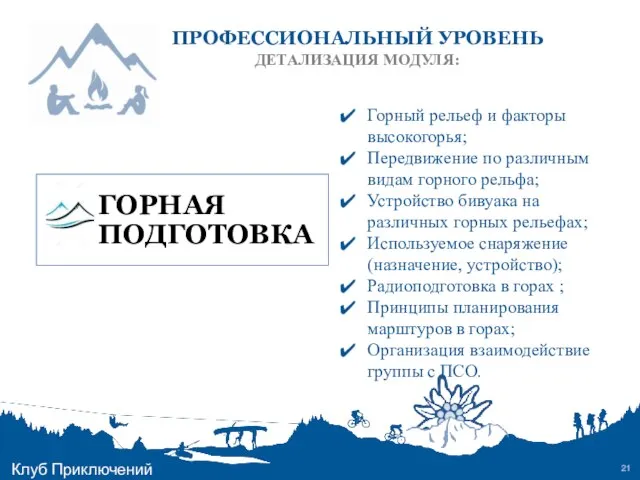 ПРОФЕССИОНАЛЬНЫЙ УРОВЕНЬ ДЕТАЛИЗАЦИЯ МОДУЛЯ: Клуб Приключений Горный рельеф и факторы высокогорья;