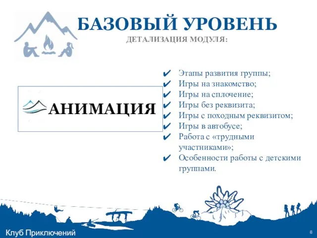 БАЗОВЫЙ УРОВЕНЬ ДЕТАЛИЗАЦИЯ МОДУЛЯ: Клуб Приключений Этапы развития группы; Игры на