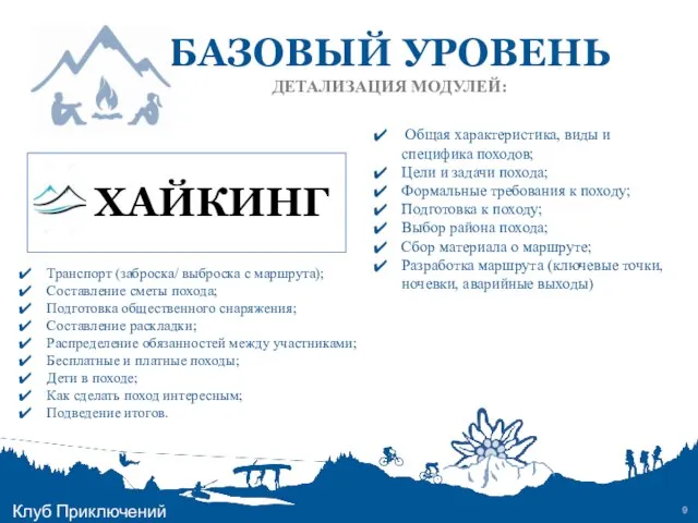 БАЗОВЫЙ УРОВЕНЬ ДЕТАЛИЗАЦИЯ МОДУЛЕЙ: Клуб Приключений Общая характеристика, виды и специфика