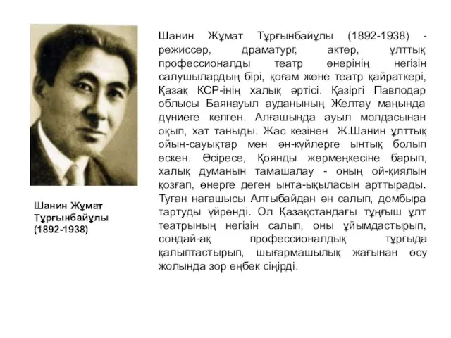 Шанин Жұмат Тұрғынбайұлы (1892-1938) - режиссер, драматург, актер, ұлттық профессионалды театр