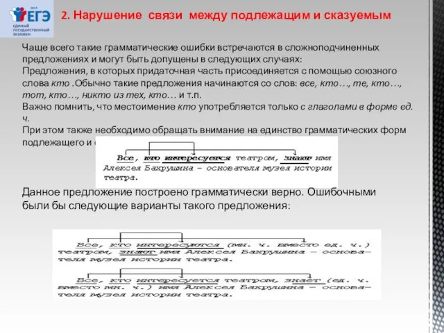 2. Нарушение связи между подлежащим и сказуемым Чаще всего такие грамматические