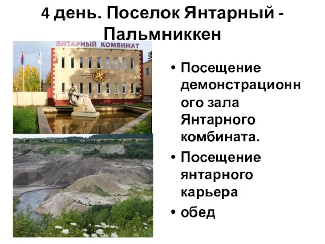 4 день. Поселок Янтарный - Пальмниккен Посещение демонстрационного зала Янтарного комбината. Посещение янтарного карьера обед