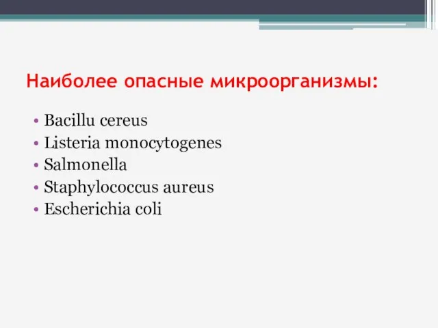 Наиболее опасные микроорганизмы: Bacillu cereus Listeria monocytogenes Salmonella Staphylococcus aureus Escherichia coli