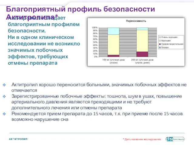 Актитропил хорошо переносится больными, значимых побочных эффектов не отмечается Зарегистрированные побочные