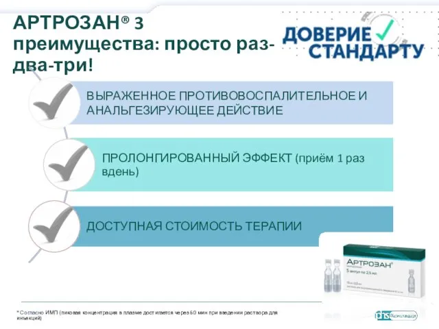 АРТРОЗАН® 3 преимущества: просто раз-два-три! * Согласно ИМП (пиковая концентрация в