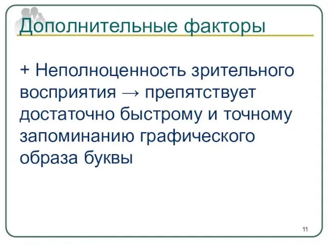 Дополнительные факторы + Неполноценность зрительного восприятия → препятствует достаточно быстрому и точному запоминанию графического образа буквы