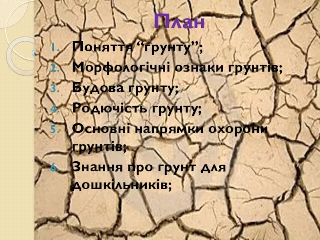 План Поняття “грунту”; Морфологічні ознаки грунтів; Будова грунту; Родючість грунту; Основні