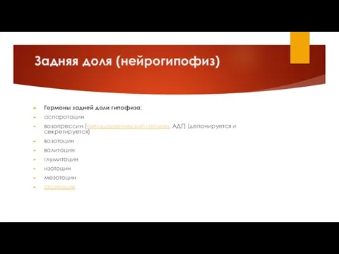 Задняя доля (нейрогипофиз) Гормоны задней доли гипофиза: аспаротоцин вазопрессин (антидиуретический гормон,