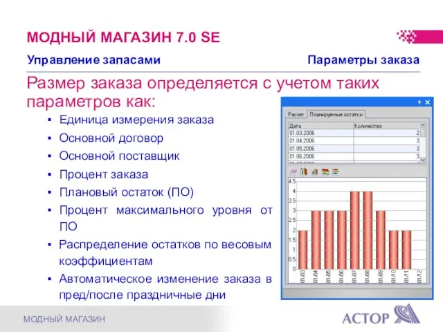 Размер заказа определяется с учетом таких параметров как: Управление запасами Параметры