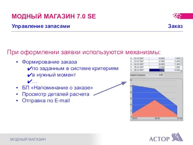 При оформлении заявки используются механизмы: Формирование заказа по заданным в системе