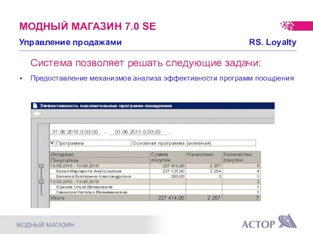 Система позволяет решать следующие задачи: Предоставление механизмов анализа эффективности программ поощрения