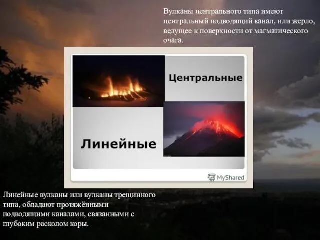 Вулканы центрального типа имеют центральный подводящий канал, или жерло, ведущее к