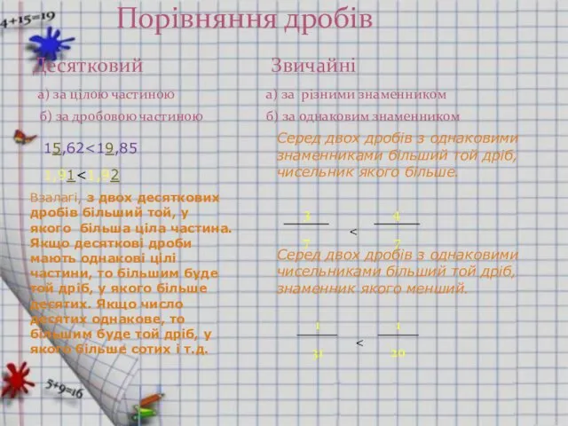 Десятковий Звичайні а) за цілою частиною а) за різними знаменником б)