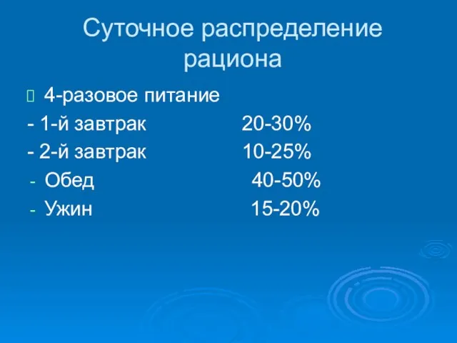 Суточное распределение рациона 4-разовое питание - 1-й завтрак 20-30% - 2-й