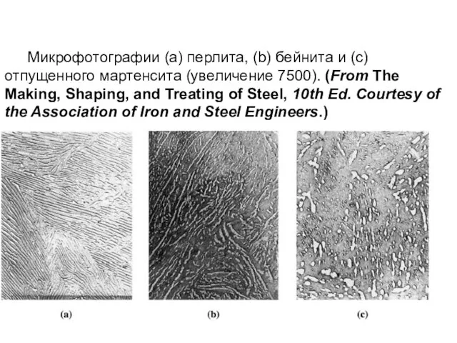 Микрофотографии (а) перлита, (b) бейнита и (с) отпущенного мартенсита (увеличение 7500).