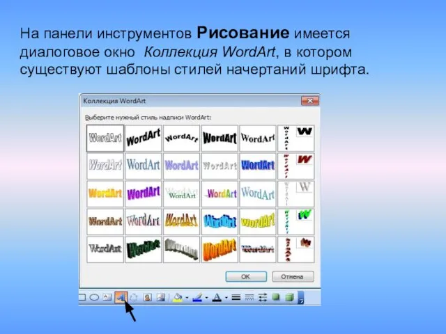 На панели инструментов Рисование имеется диалоговое окно Коллекция WordArt, в котором существуют шаблоны стилей начертаний шрифта.