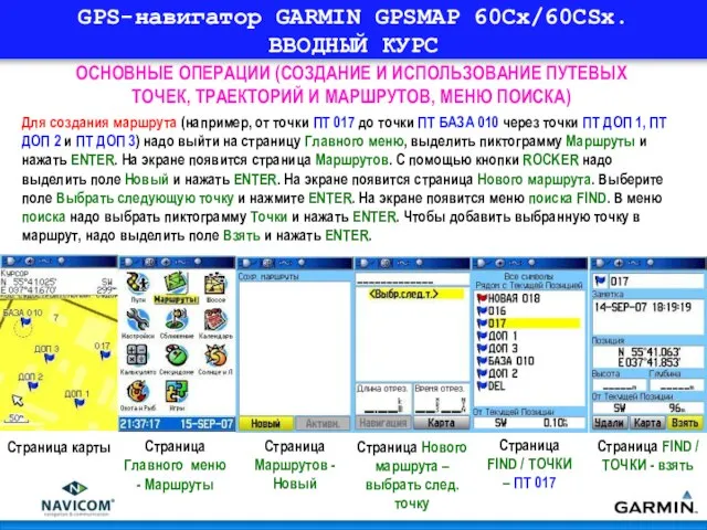 GPS-навигатор GARMIN GPSMAP 60Cx/60CSx. ВВОДНЫЙ КУРС ОСНОВНЫЕ ОПЕРАЦИИ (СОЗДАНИЕ И ИСПОЛЬЗОВАНИЕ