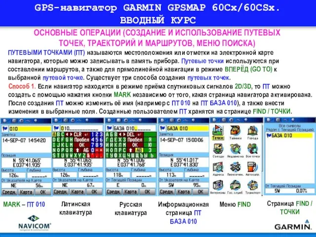 GPS-навигатор GARMIN GPSMAP 60Cx/60CSx. ВВОДНЫЙ КУРС ОСНОВНЫЕ ОПЕРАЦИИ (СОЗДАНИЕ И ИСПОЛЬЗОВАНИЕ