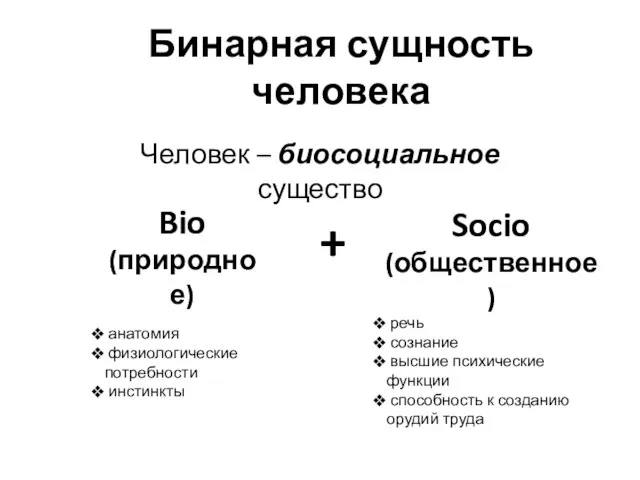 Бинарная сущность человека Bio (природное) Socio (общественное) речь сознание высшие психические