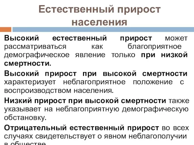 Естественный прирост населения Высокий естественный прирост может рассматриваться как благоприятное демографическое