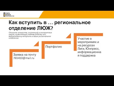 Как вступить в … региональное отделение ЛЮЖ? Опишите алгоритм, состоящий из