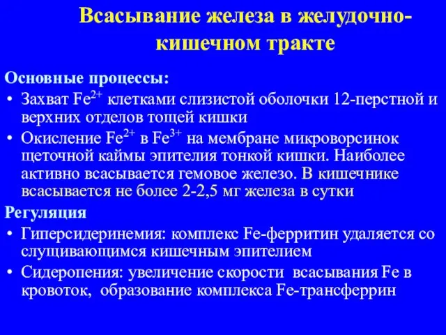 Всасывание железа в желудочно-кишечном тракте Основные процессы: Захват Fe2+ клетками слизистой