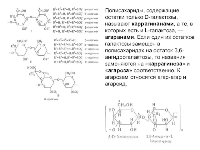 Полисахариды, содержащие остатки только D-галактозы, называют каррагинанами, а те, в которых