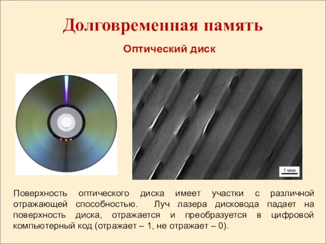 Долговременная память Оптический диск Поверхность оптического диска имеет участки с различной