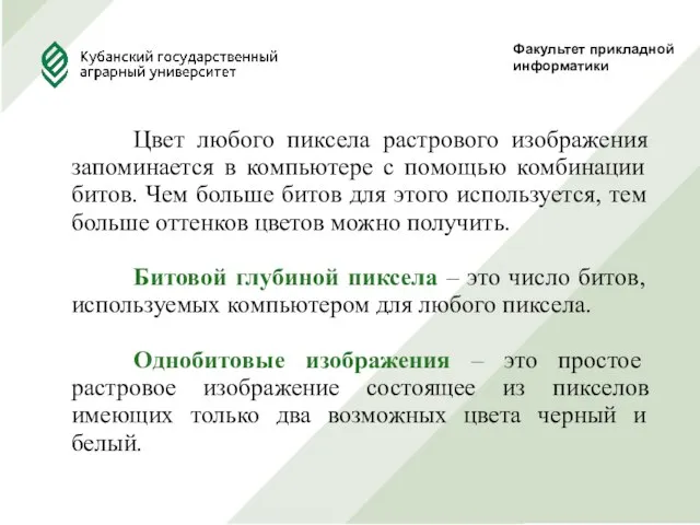 Факультет прикладной информатики Цвет любого пиксела растрового изображения запоминается в компьютере