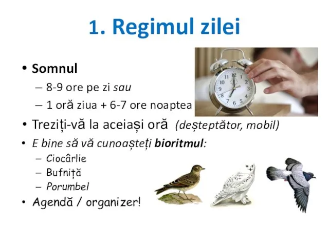 1. Regimul zilei Somnul 8-9 ore pe zi sau 1 oră