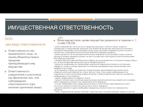 ИМУЩЕСТВЕННАЯ ОТВЕТСТВЕННОСТЬ ООО два вида ответственности Ответственность как юридического лица, по