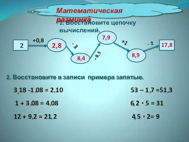 1. Восстановите цепочку вычислений. 2,8 +0,8 · 3 - 0,5 +1