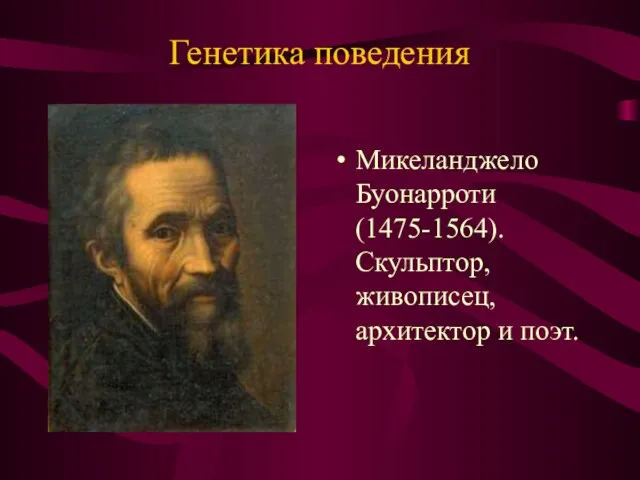 Генетика поведения Микеланджело Буонарроти (1475-1564). Скульптор, живописец, архитектор и поэт.