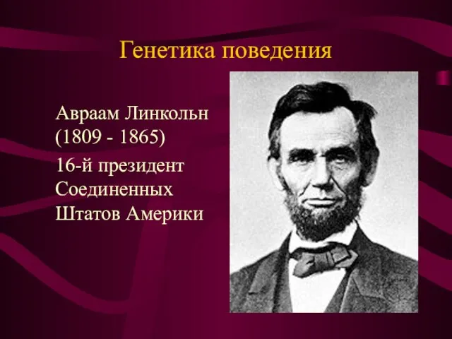Генетика поведения Авраам Линкольн (1809 - 1865) 16-й президент Соединенных Штатов Америки