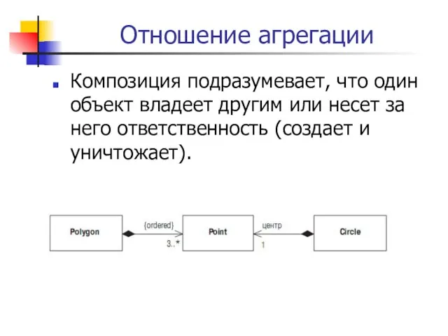 Отношение агрегации Композиция подразумевает, что один объект владеет другим или несет